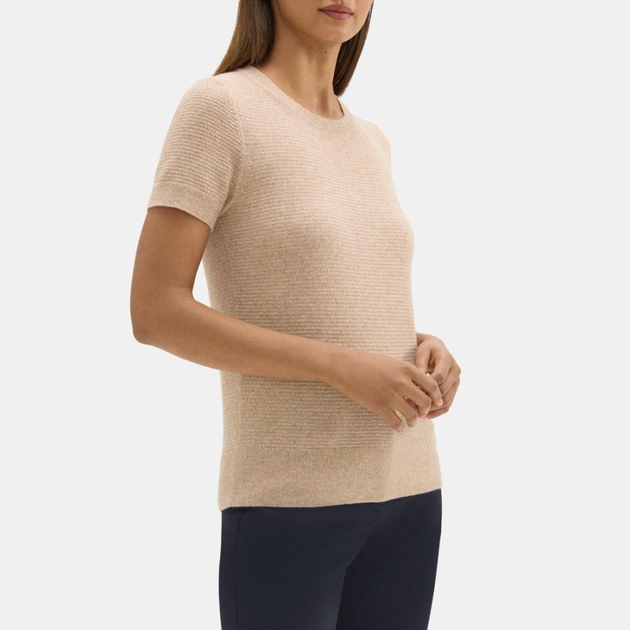 Women Theory Outlet | Short-Sleeve Sweater In Cashmere Sandstone Mouline