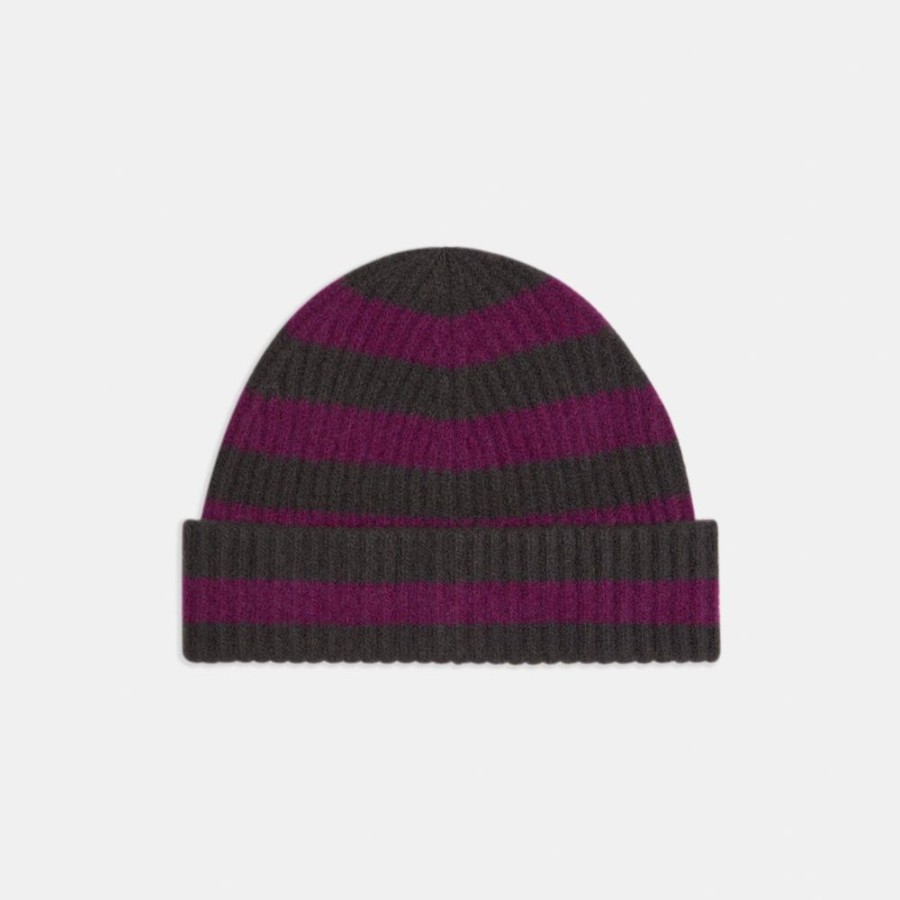 Women Theory Outlet | Striped Beanie In Ribbed Wool Charcoal/Sangria