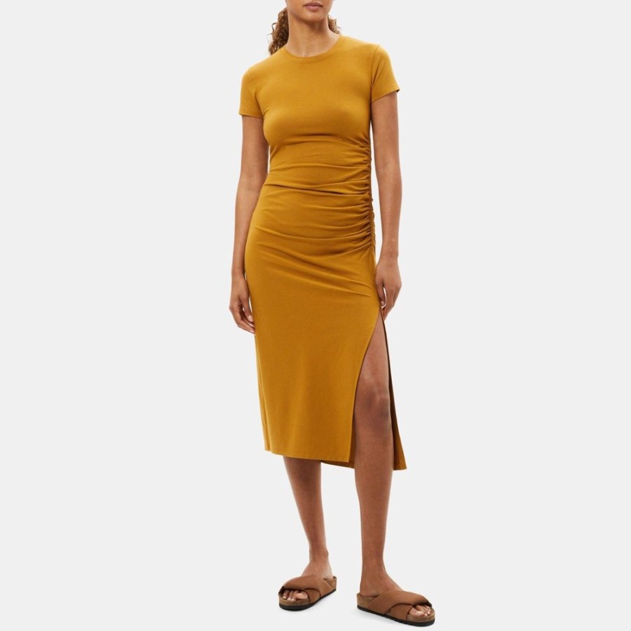 Women Theory Outlet | Shirred Tee Dress In Stretch Modal Cotton Sahara