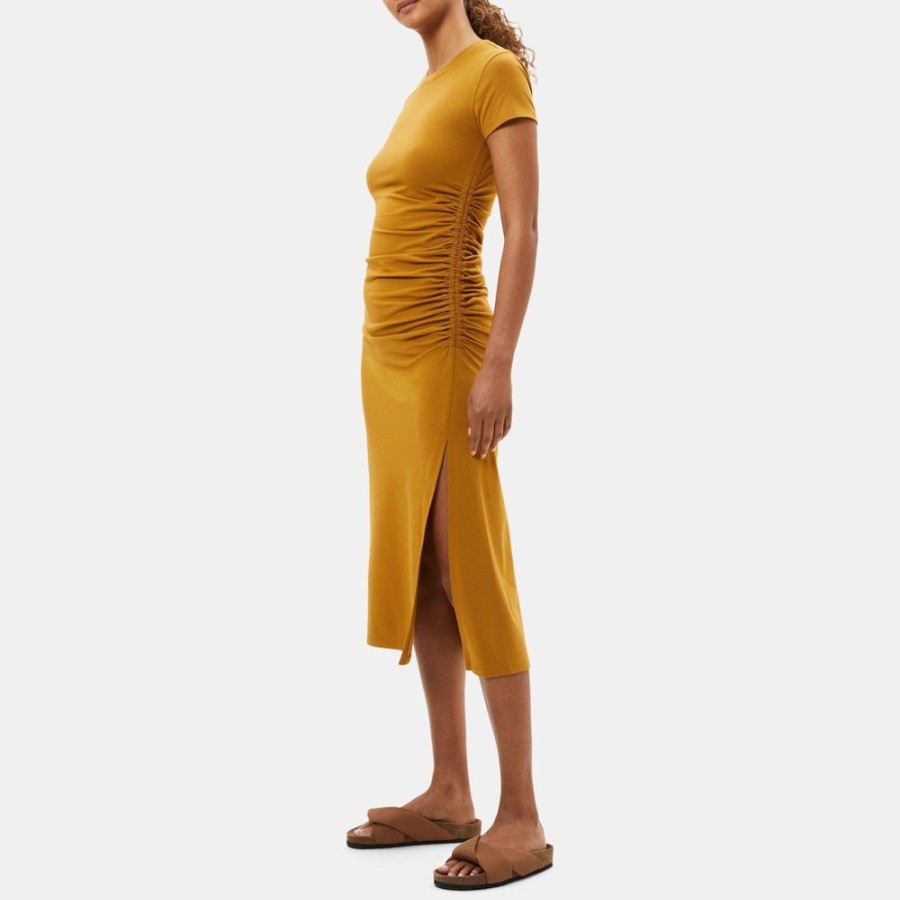 Women Theory Outlet | Shirred Tee Dress In Stretch Modal Cotton Sahara