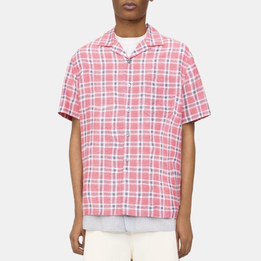 Men Theory Outlet | Camp Shirt In Wrinkle Check Red Multi