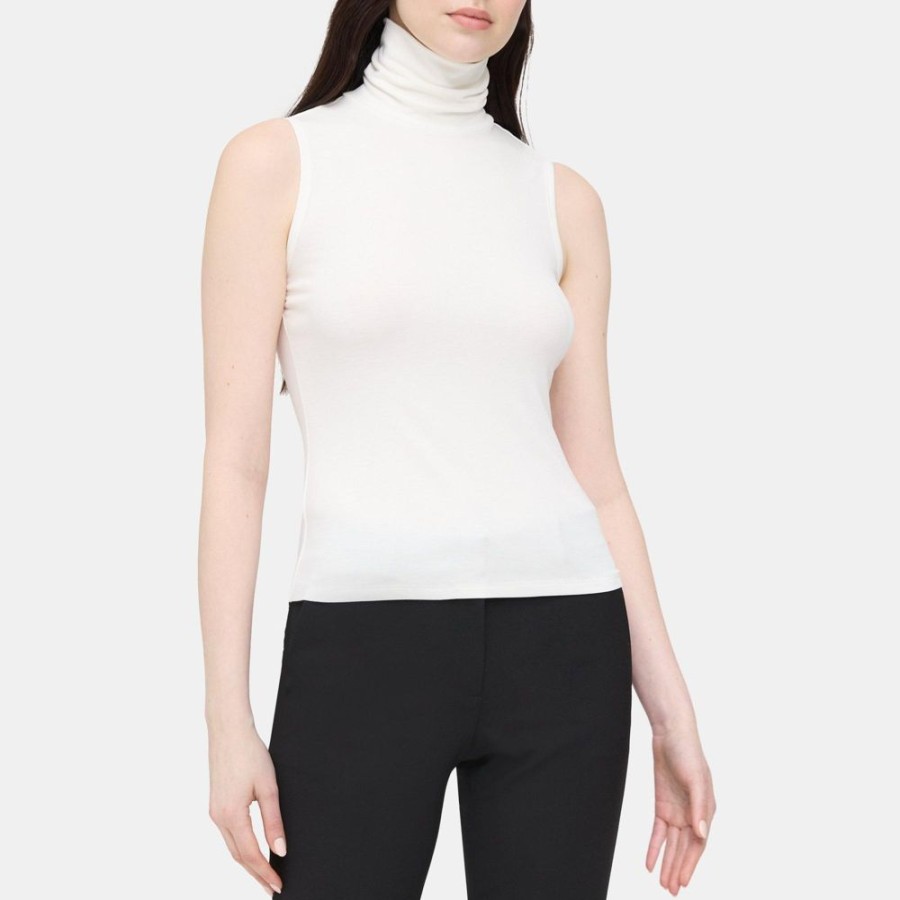 Women Theory Outlet | Sleeveless Turtleneck Top In Rib Knit Viscose White