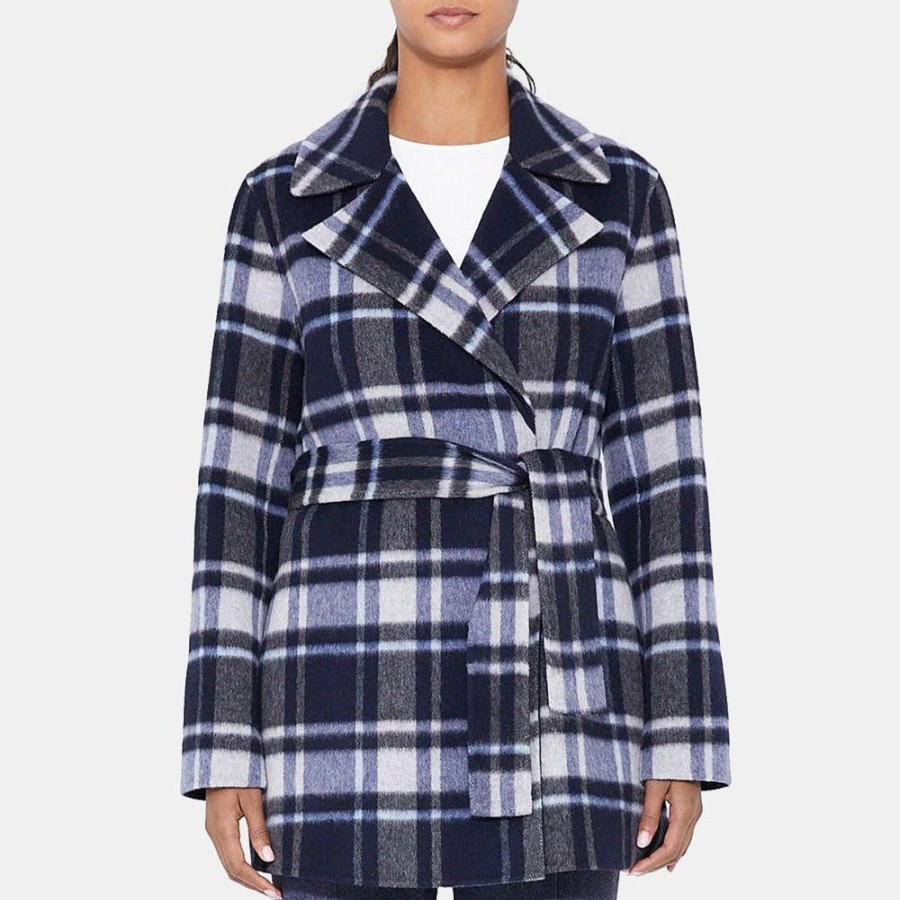 Women Theory Outlet | Belted Wrap Coat In Plaid Wool-Blend Multi