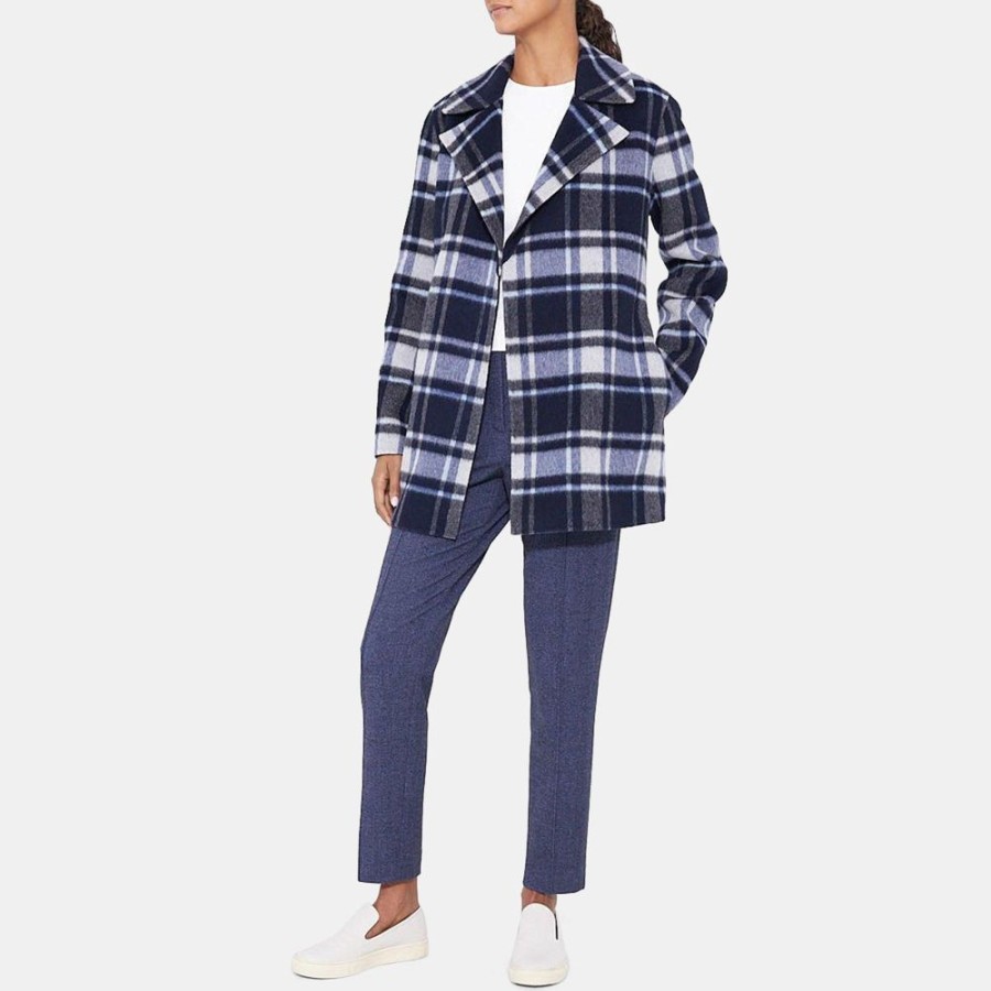 Women Theory Outlet | Belted Wrap Coat In Plaid Wool-Blend Multi