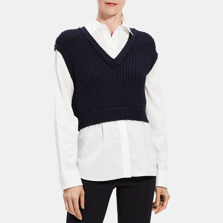 Women Theory Outlet | Combo Sweater Vest Shirt In Stretch Cotton Navy/White