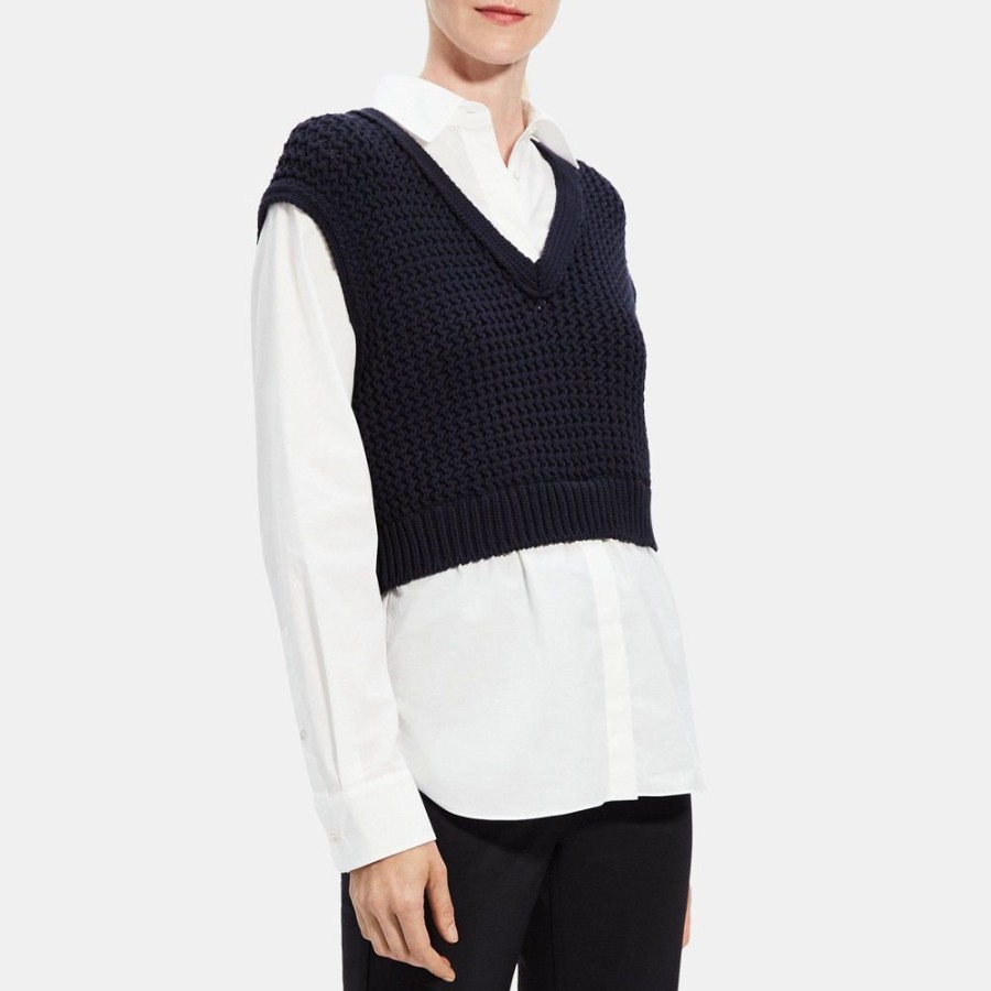 Women Theory Outlet | Combo Sweater Vest Shirt In Stretch Cotton Navy/White