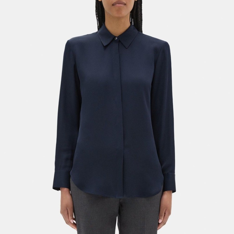 Women Theory Outlet | Relaxed Shirt In Silk Georgette Deep Navy