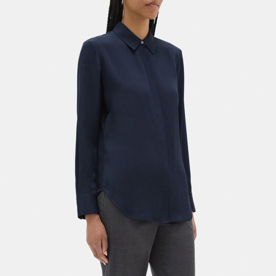 Women Theory Outlet | Relaxed Shirt In Silk Georgette Deep Navy