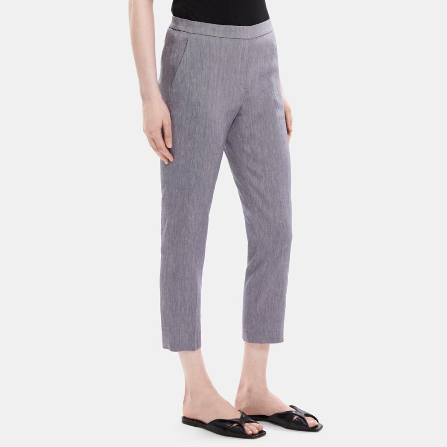 Women Theory Outlet | Slim Cropped Pull-On Pant In Linen Blend Melange Denim