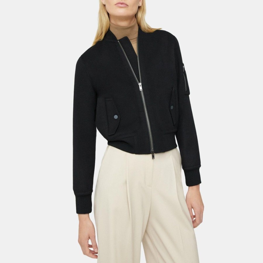 Women Theory Outlet | Classic Bomber Jacket In Double-Face Wool-Cashmere Black