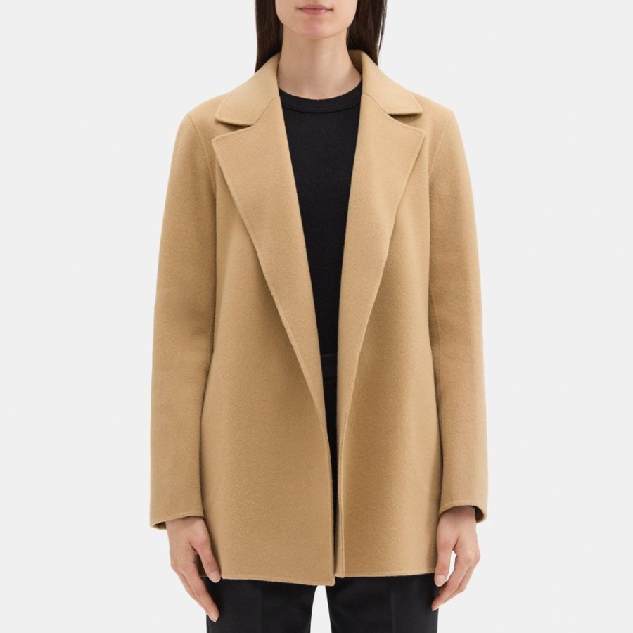 Women Theory Outlet | Open Front Coat In Double-Face Wool-Cashmere Camel