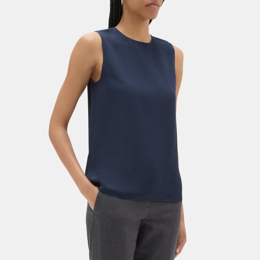 Women Theory Outlet | Straight Shell Top In Silk Georgette Deep Navy