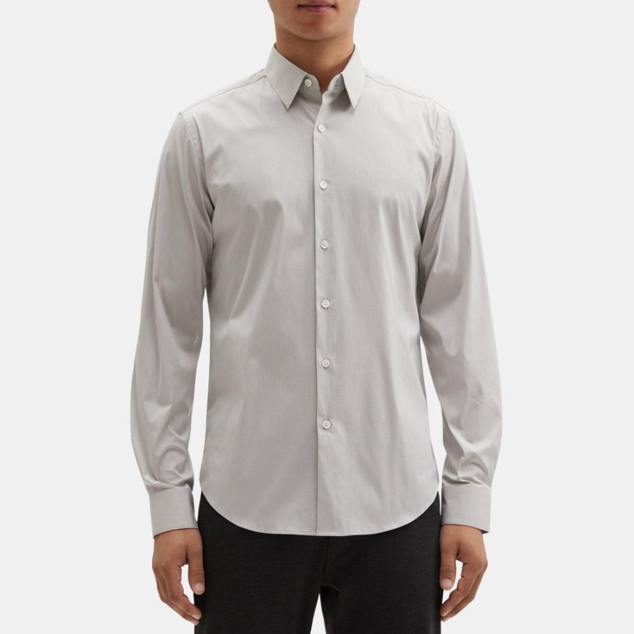 Men Theory Outlet | Tailored Shirt In Stretch Cotton-Blend Grey/White