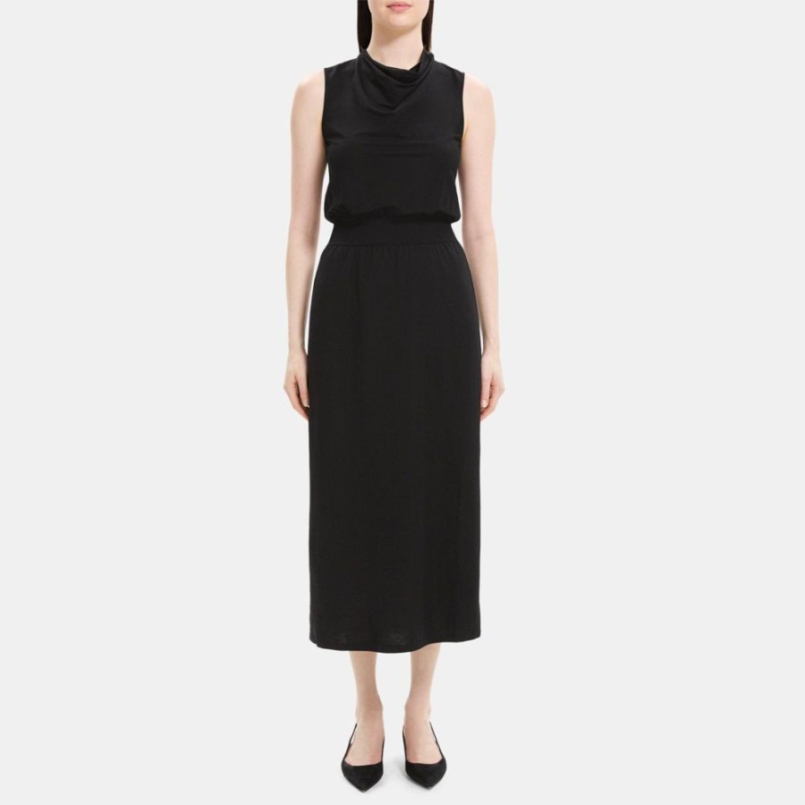 Women Theory Outlet | Sleeveless Cowl Neck Dress In Viscose-Blend Pique Black