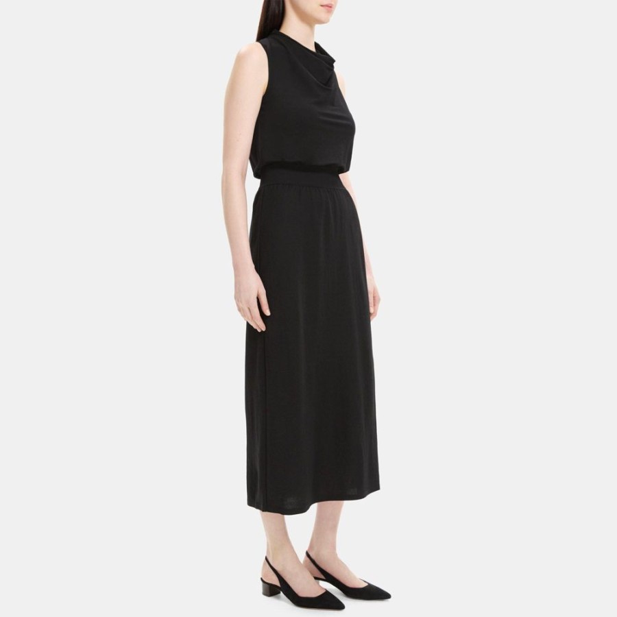 Women Theory Outlet | Sleeveless Cowl Neck Dress In Viscose-Blend Pique Black