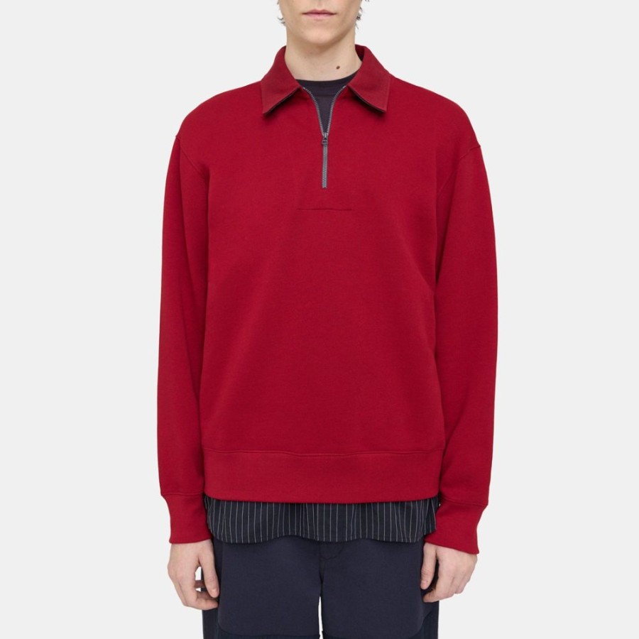 Men Theory Outlet | Quarter-Zip Polo Sweater In Terry Cotton Ruby