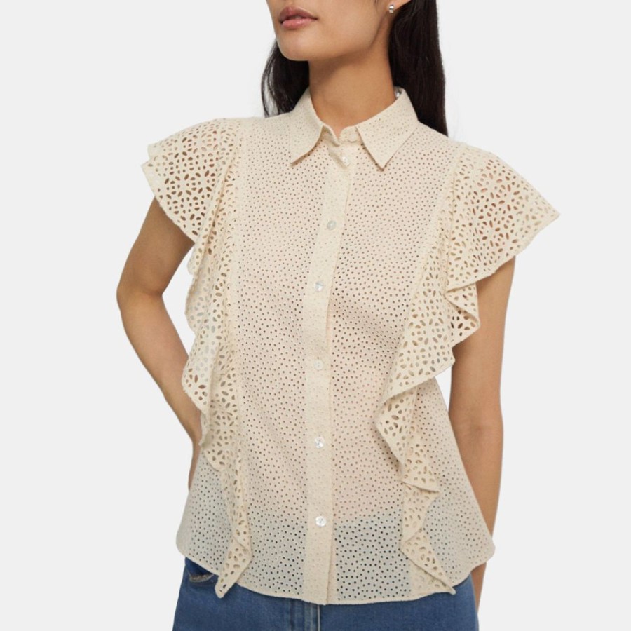 Women Theory Outlet | Ruffled Shirt In Cotton Eyelet Ecru