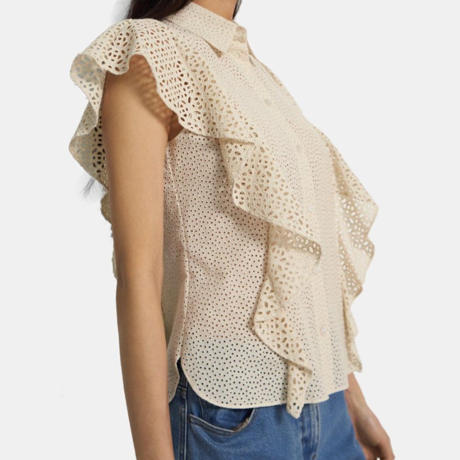 Women Theory Outlet | Ruffled Shirt In Cotton Eyelet Ecru