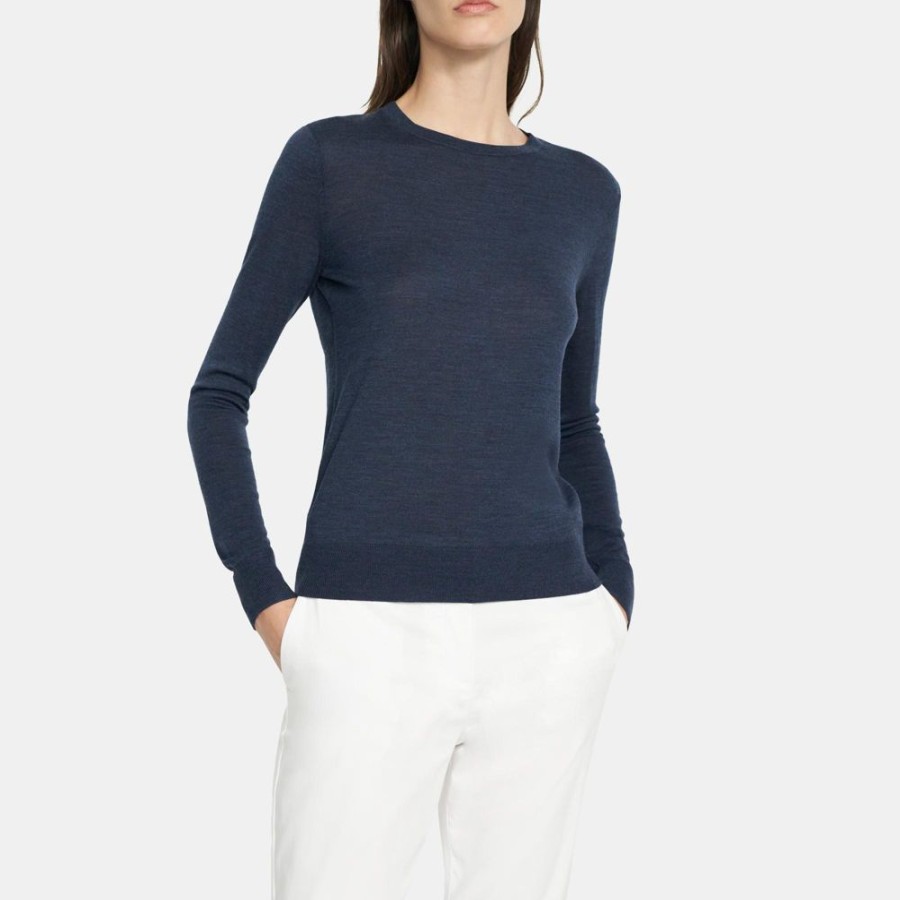 Women Theory Outlet | Crewneck Sweater In Merino Wool Navy Heather