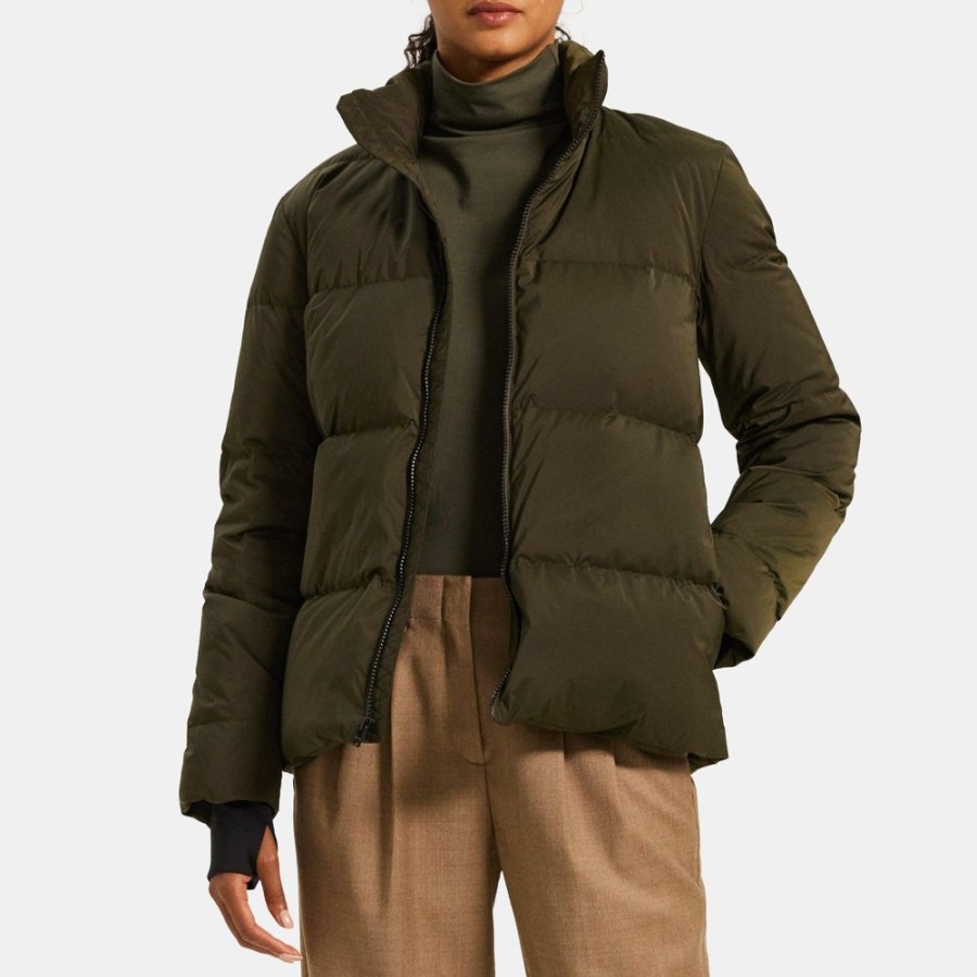 Women Theory Outlet | Stand-Collar Puffer Coat In City Poly Dark Rosemary