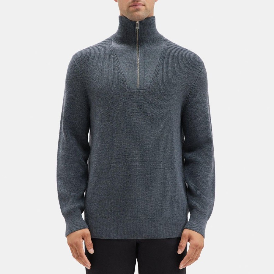 Men Theory Outlet | Quarter-Zip Mock Neck Sweater In Merino Wool Dark Grey Heather/Black