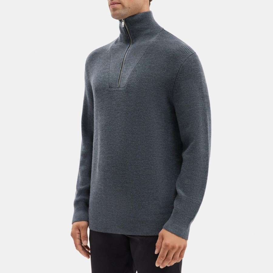 Men Theory Outlet | Quarter-Zip Mock Neck Sweater In Merino Wool Dark Grey Heather/Black